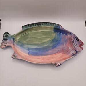 Studio Art Pottery Fish Shaped Dish Rainbow Glaze